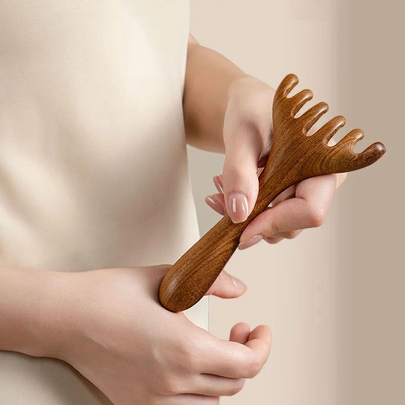 Head Meridian Massage Comb Anti-static Natural Wooden Wide Tooth Six-Claw Gua Sha Tool Scratcher Spa Promote Blood Circulation