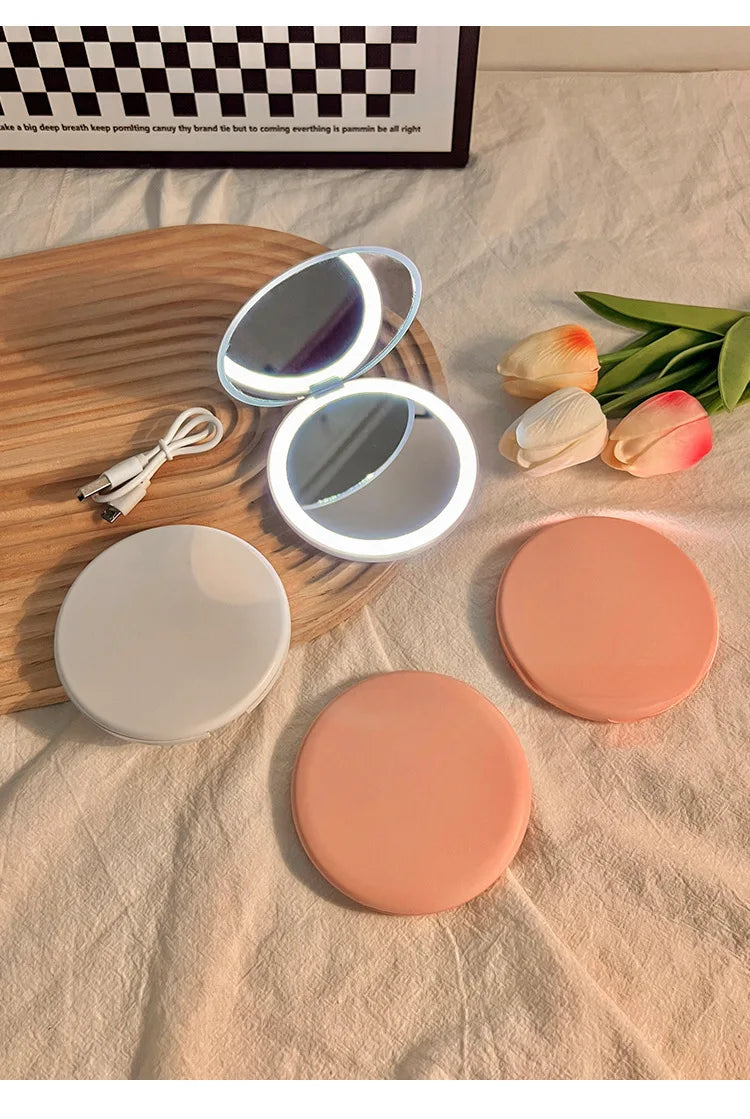 Makeup mirror portable portable small mirror with light led makeup mirror pocket mini handheld luminous folding round mirror