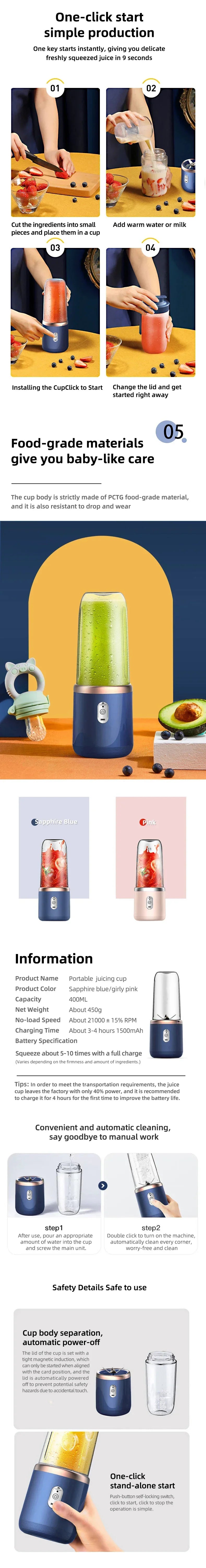 Multifunction 2 Cups Portable Fruit Juicer Blender 6 Blade Juice Mixer Mini Ice Blender USB Charging Wireless Juice Extractor