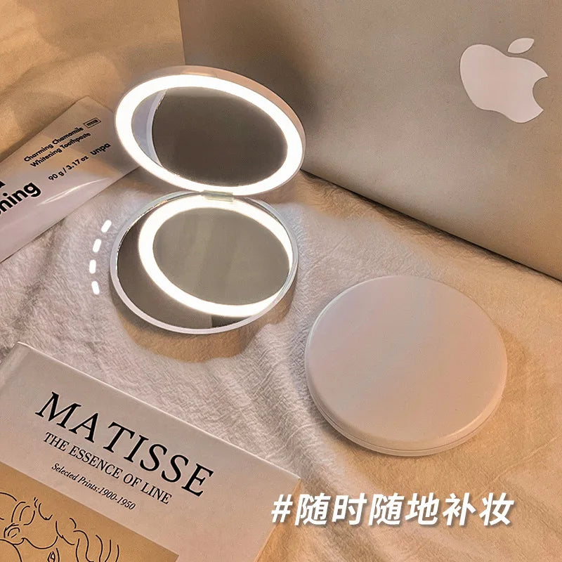 Makeup mirror portable portable small mirror with light led makeup mirror pocket mini handheld luminous folding round mirror