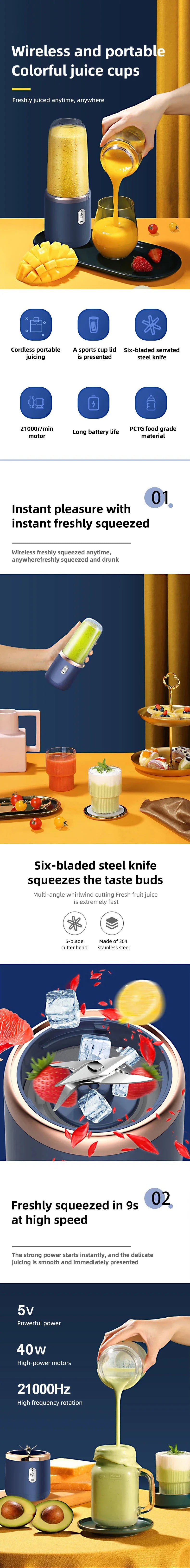 Multifunction 2 Cups Portable Fruit Juicer Blender 6 Blade Juice Mixer Mini Ice Blender USB Charging Wireless Juice Extractor