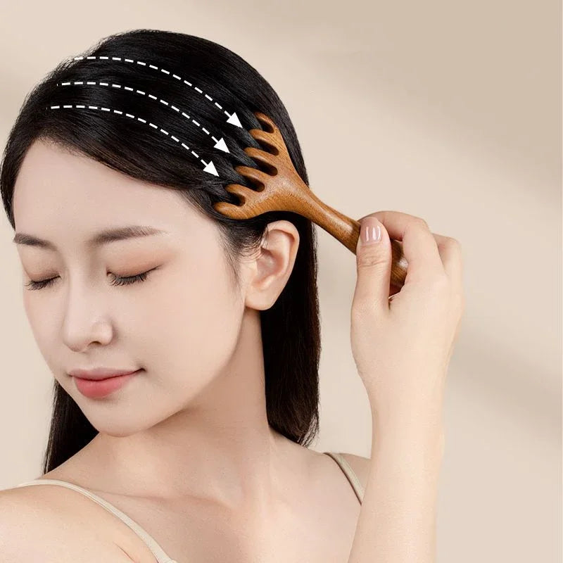 Head Meridian Massage Comb Anti-static Natural Wooden Wide Tooth Six-Claw Gua Sha Tool Scratcher Spa Promote Blood Circulation