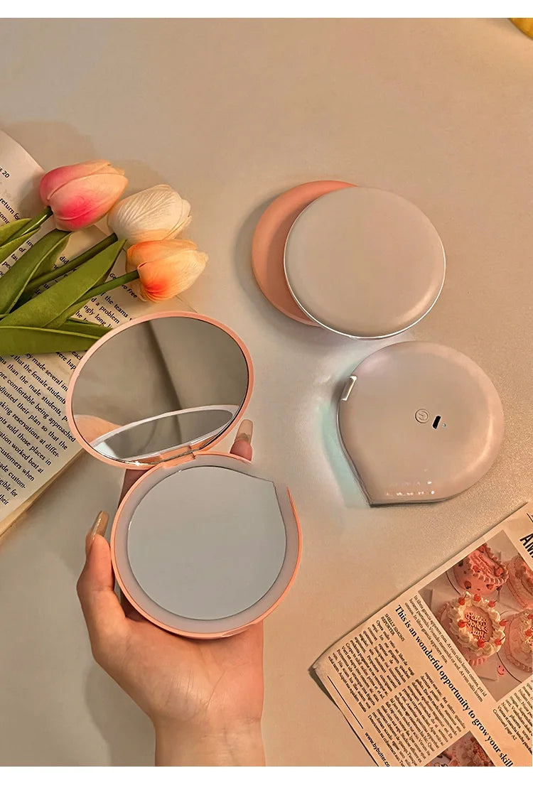 Makeup mirror portable portable small mirror with light led makeup mirror pocket mini handheld luminous folding round mirror